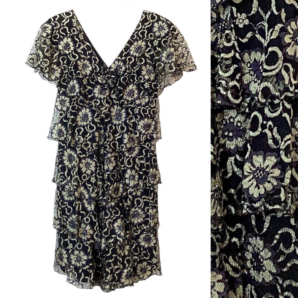 HOLLY HARP Women’s S Tiered Ruffle Metallic Floral Dress Gold Black Lace Rosette